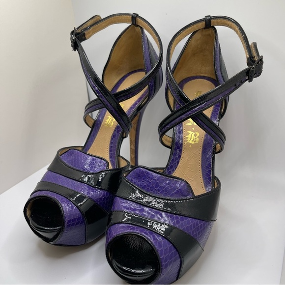 L.A.M.B. Women’s Black Purple Platform Leather Peep Toe Strappy Heels Size 6 - Picture 3 of 14